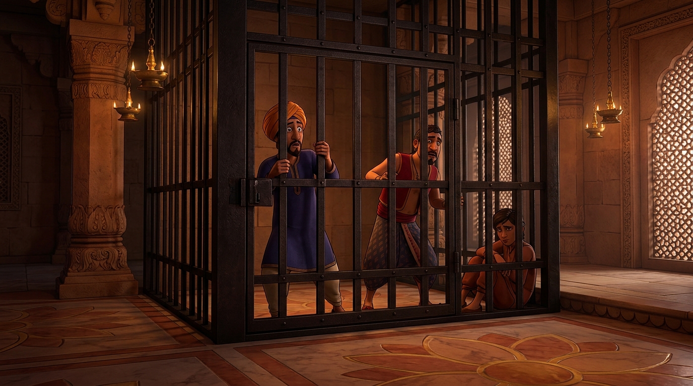 CLANG! A massive iron portcullis cage door drops down behind them, trapping them securely