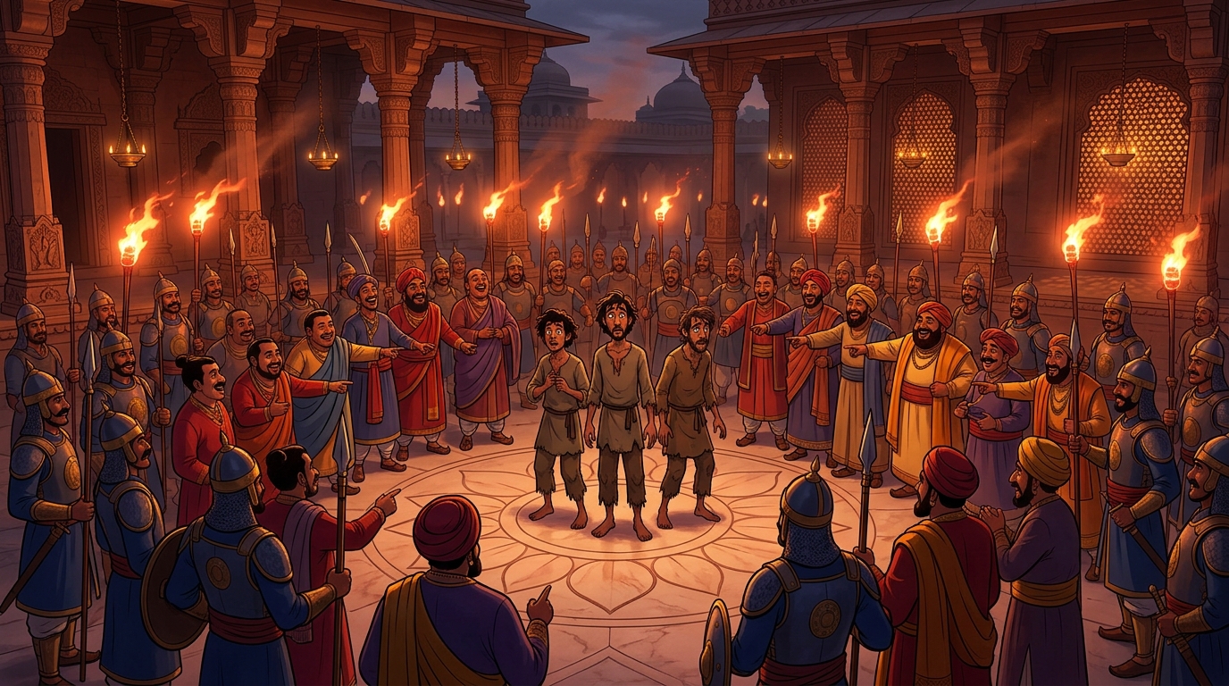 Hundreds of royal torches flare up, illuminating the courtyard as guards laugh at thieves