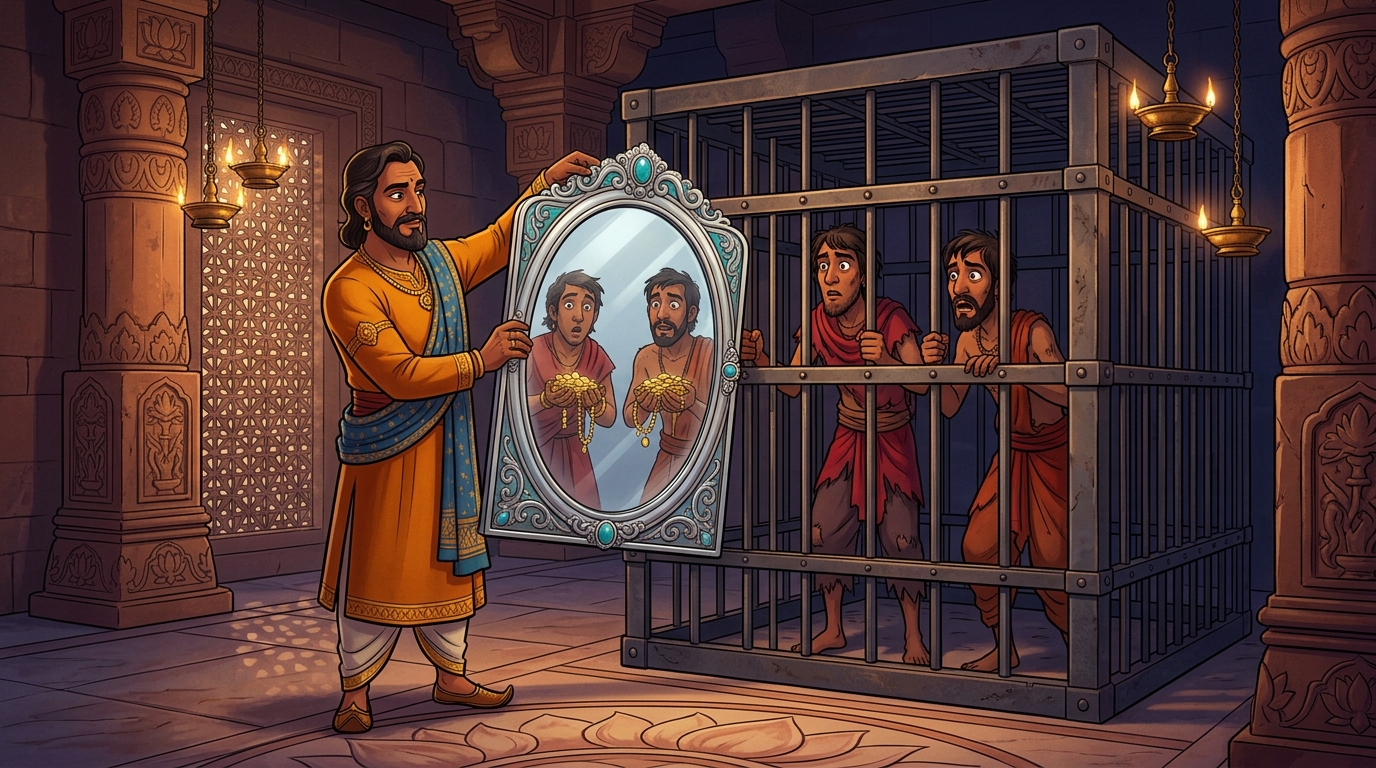 Minister Dharmabuddhi holds up a large polished silver mirror before the cage