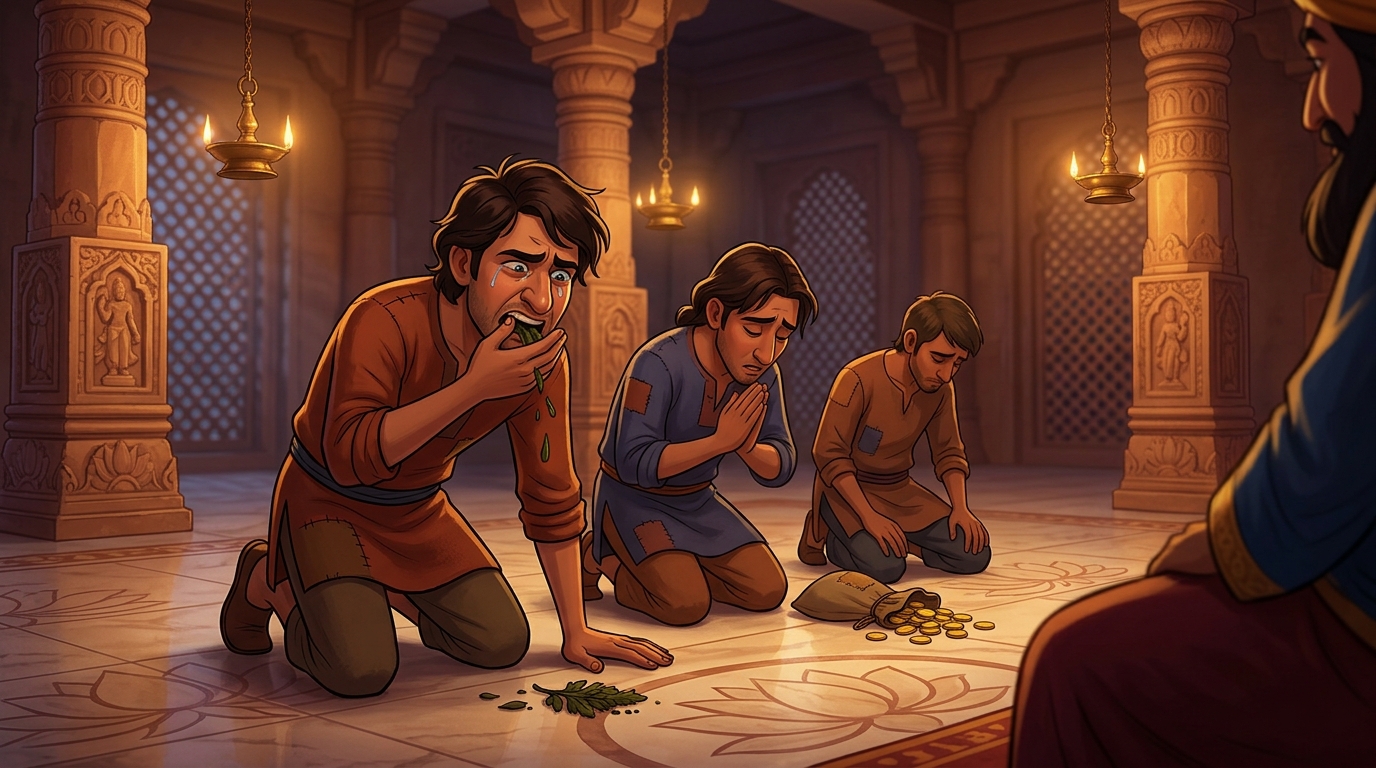 The three rogues spit out the bitter herb in embarrassment, confessing their folly