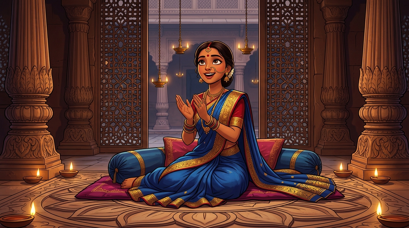 Prabhavati sitting on the silk cushions, clapping in wonder at the mirror of truth