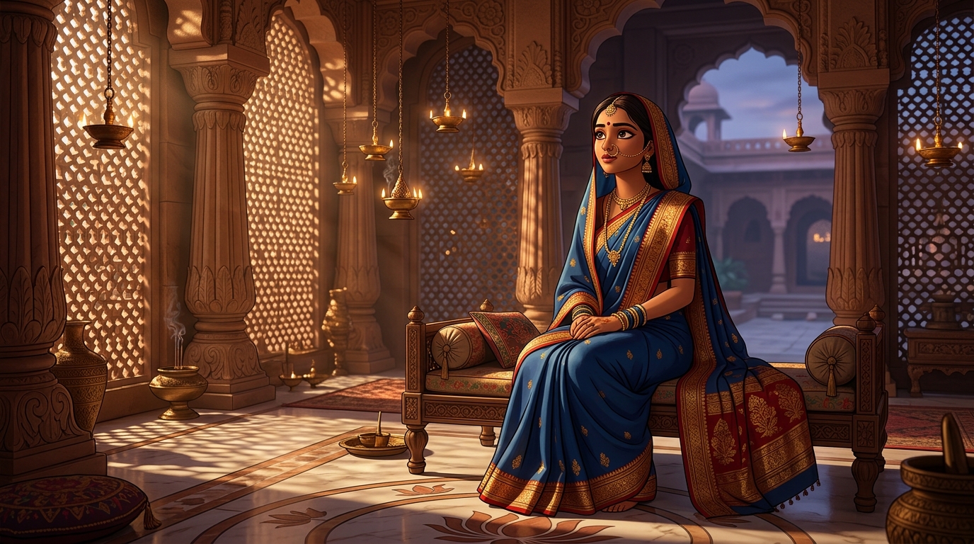 Prabhavati in deep contemplation, realizing purity of character shines in open light