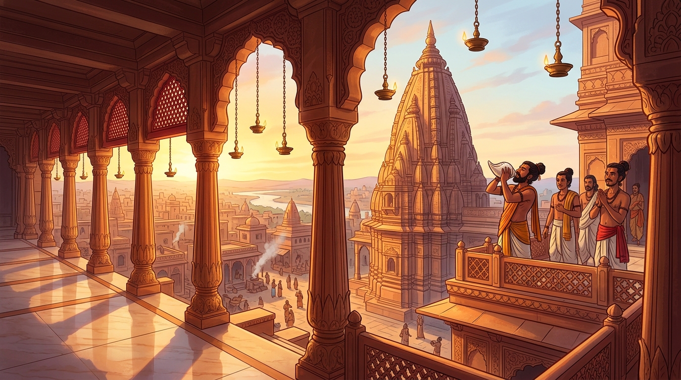 Golden dawn sunlight flooding across the sandstone arches as temple conches sound