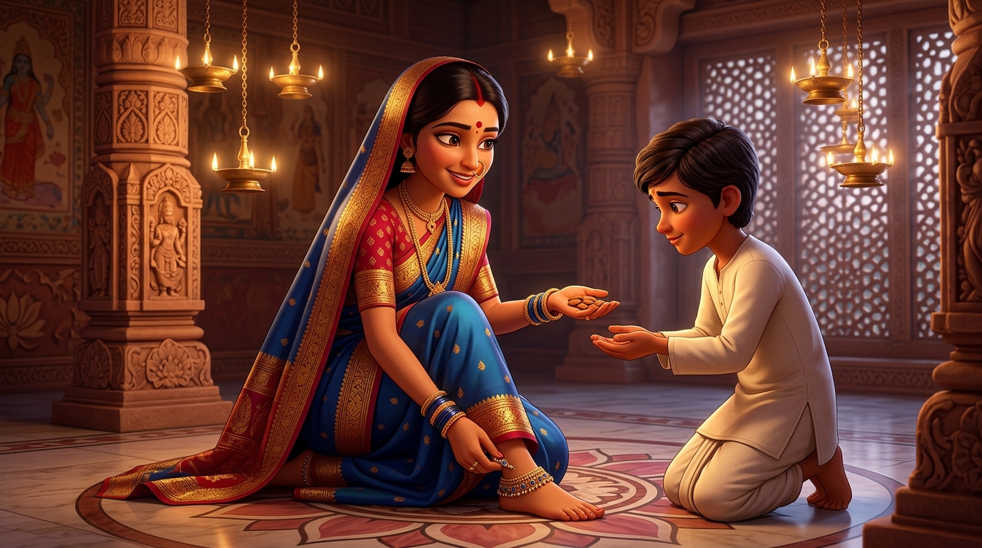 Prabhavati unclasps the sapphire anklet, hands Shuka sweet almonds, retreats peacefully