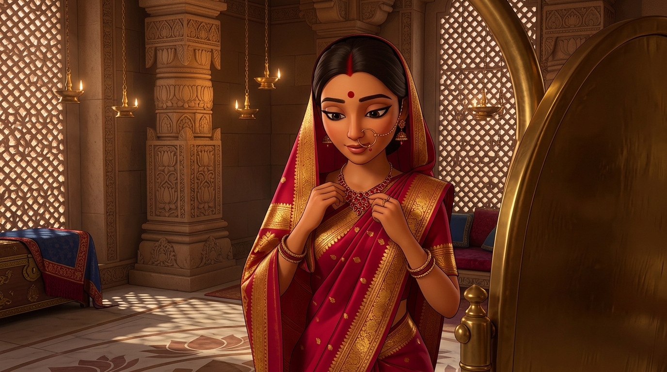 Prabhavati in crimson-and-gold silk fastening the ruby necklace by candlelight