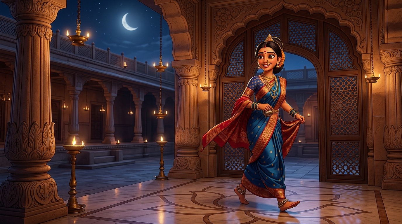 Prabhavati stepping toward the courtyard gate with swift, eager steps under the moonlit sky
