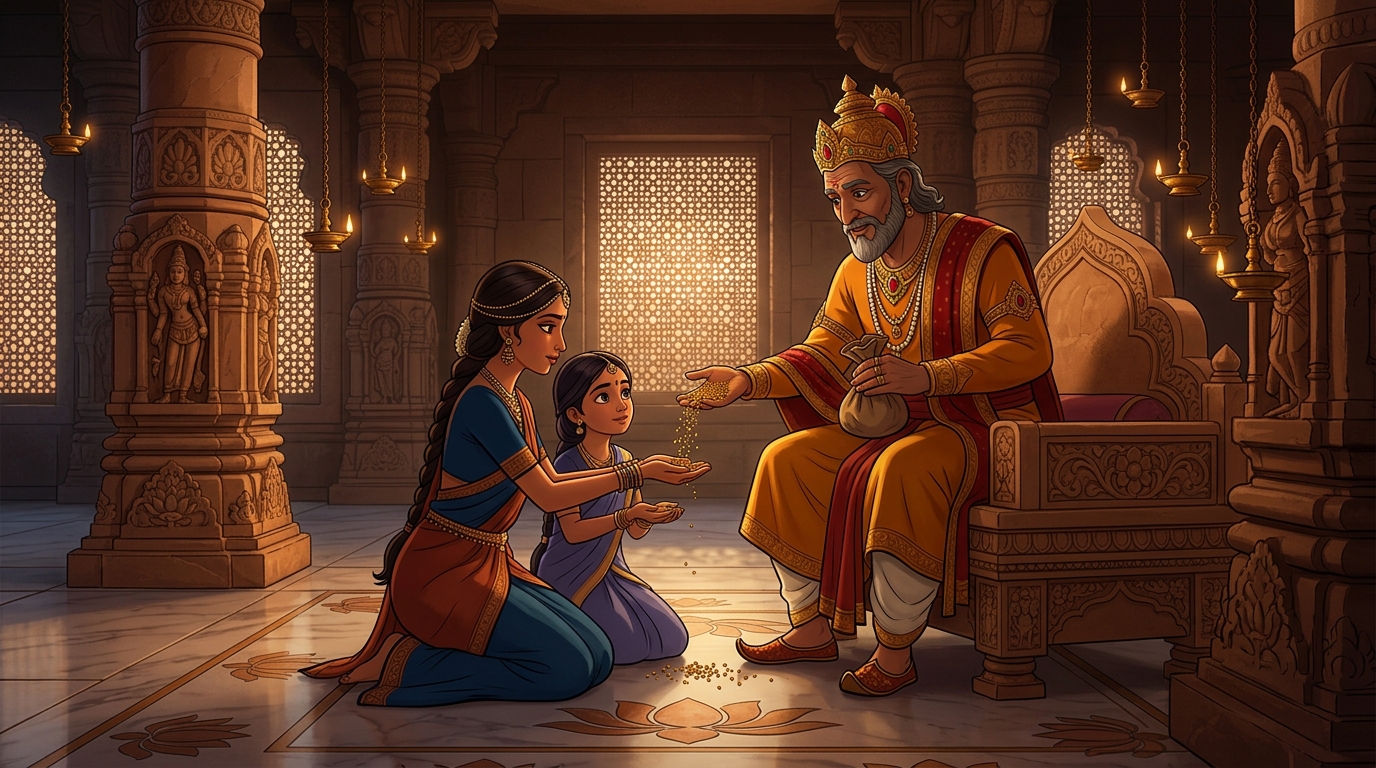 In the throne room of Avanti, King Somadeva presenting each daughter with a handful of mustard seeds