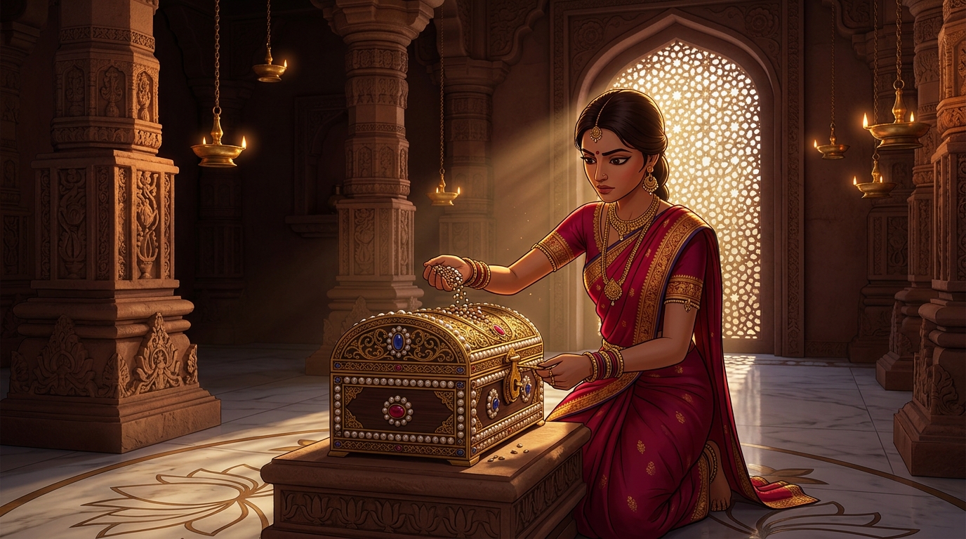 Elder Princess Vilasavati locks her seeds in an ornate gold jewel box in the dark vault