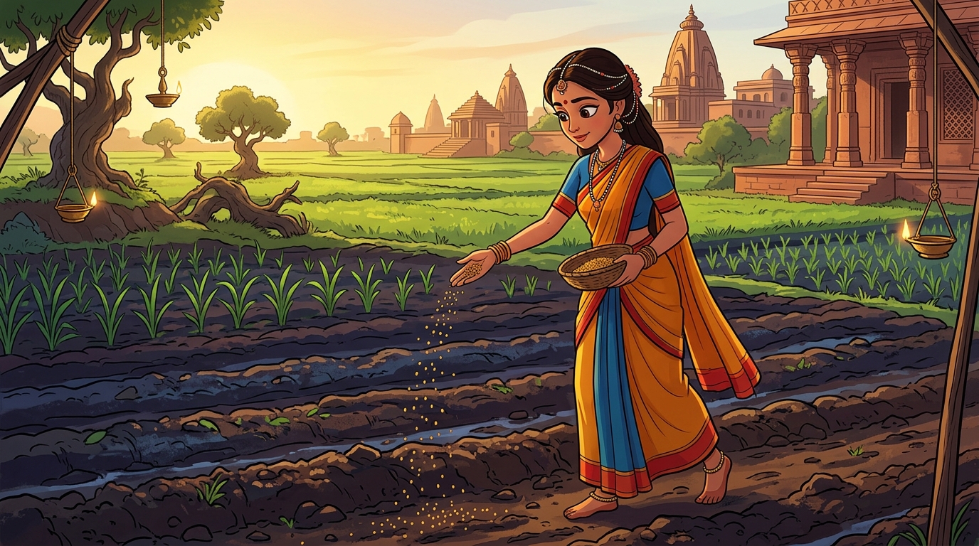 Younger Princess Priyavada sows her mustard seeds in dark rich soil outside city