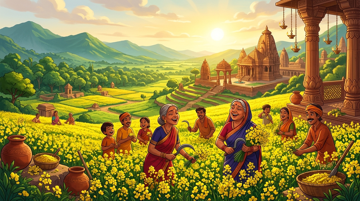 Blooming bright yellow mustard flowers stretch across miles of green valley in sunshine