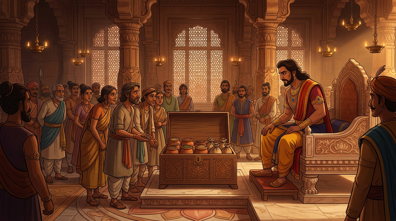 Three years later, King Somadeva convenes the grand assembly to inspect the returned seeds