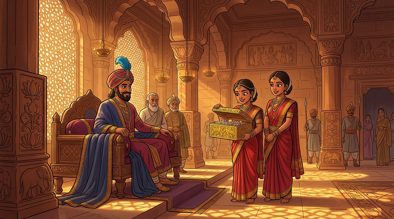 Princess Vilasavati brings her gold jewel box with pride, opening the lid before the court