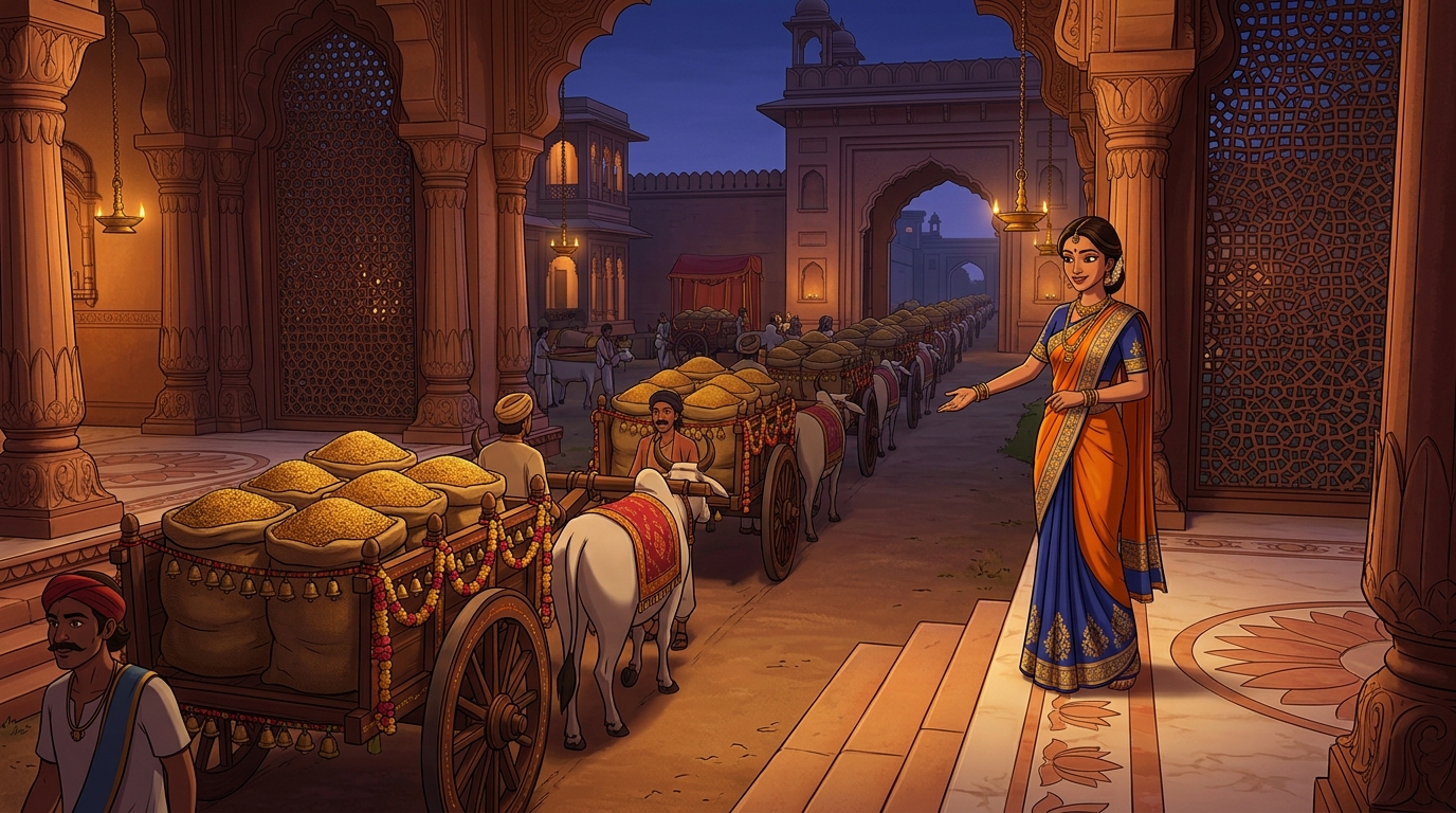 Princess Priyavada gestures to gates where fifty bullock carts arrive loaded with mustard harvest