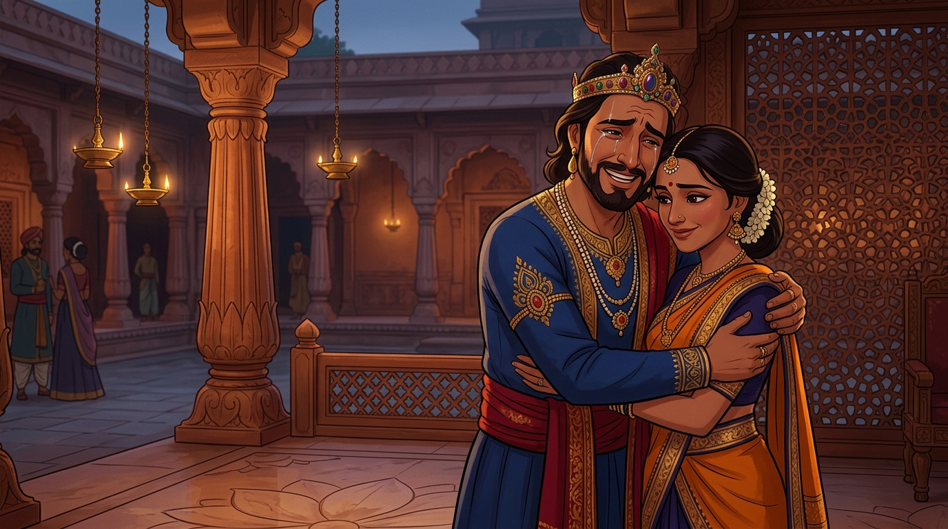King Somadeva embraces Priyavada: 'You understand that virtue must be cultivated with patience!'