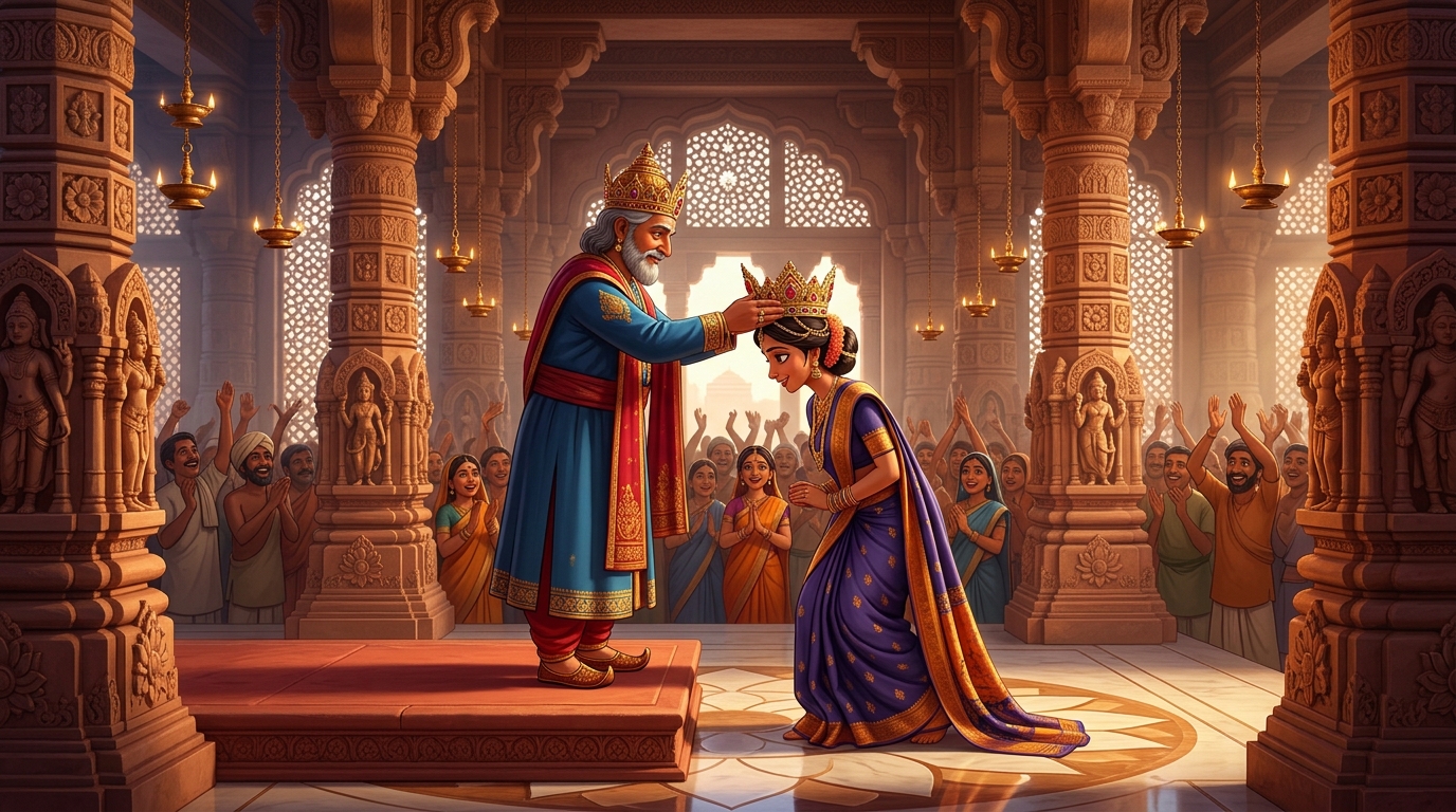 The King crowns Princess Priyavada as Crown Princess of Avanti amid thunderous cheers