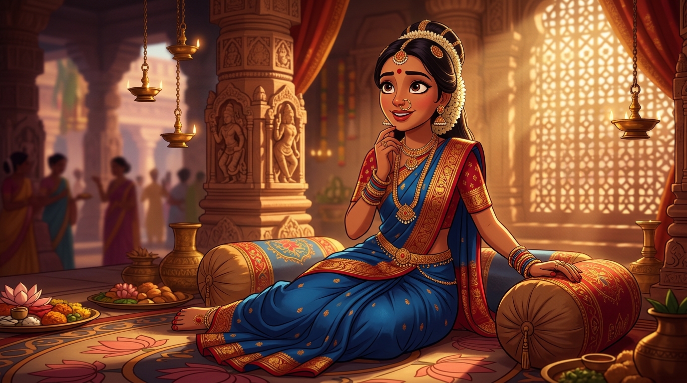 Prabhavati sitting on the bolsters, wide-eyed with realization at the mustard seeds parable