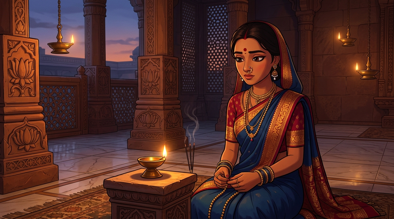 Prabhavati in deep contemplation, realizing daily devotion to home is the golden seed