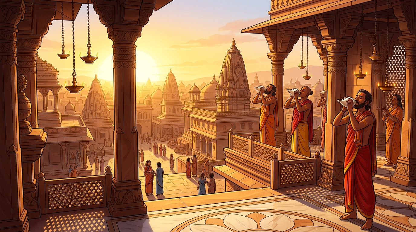 Golden dawn sunlight flooding across the Chandravati skyline as temple conches sound