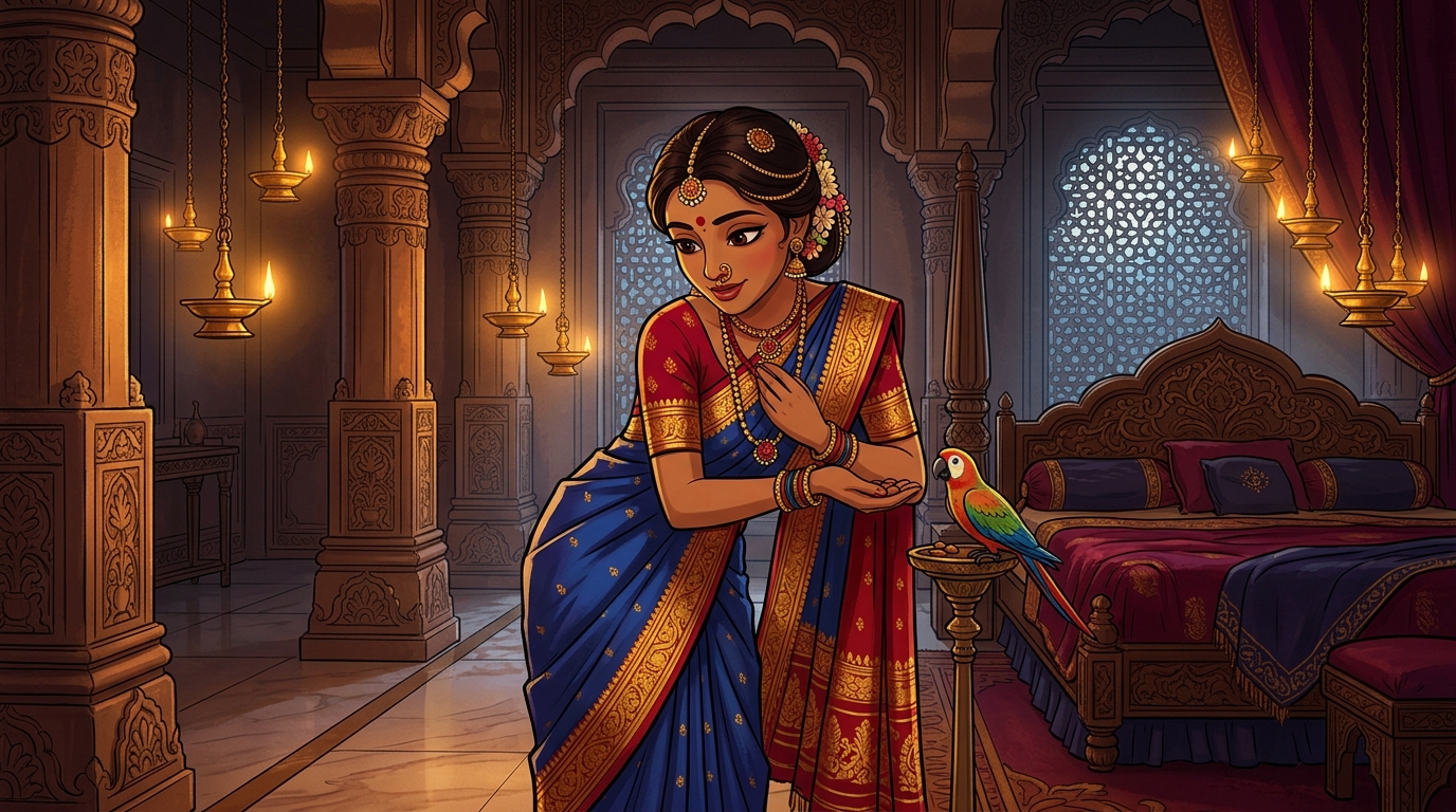 Prabhavati unclasps the ruby necklace, gives Shuka sweet almonds, retreats peacefully
