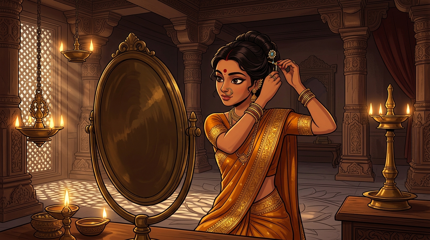 Prabhavati in amber-and-gold silk fastening the hairpin by candlelight