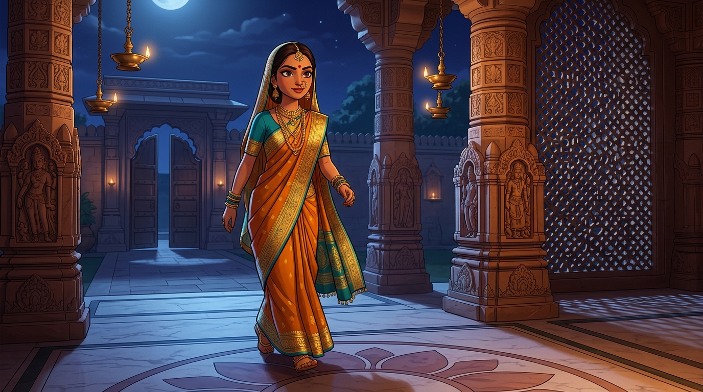 Prabhavati walking toward the courtyard gate with swift, confident steps under the moonlit sky