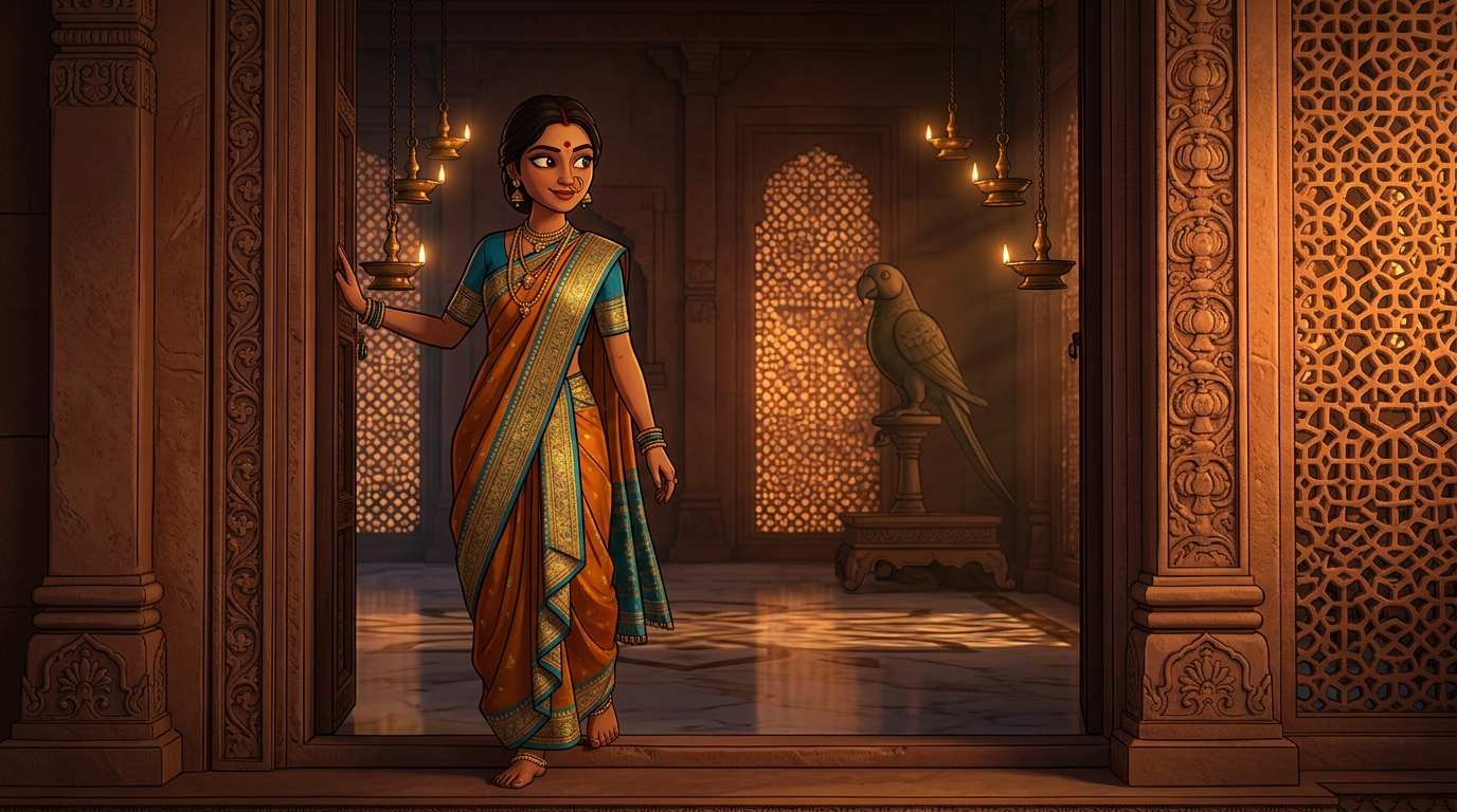 Prabhavati pausing on the doorstep with an amused smile