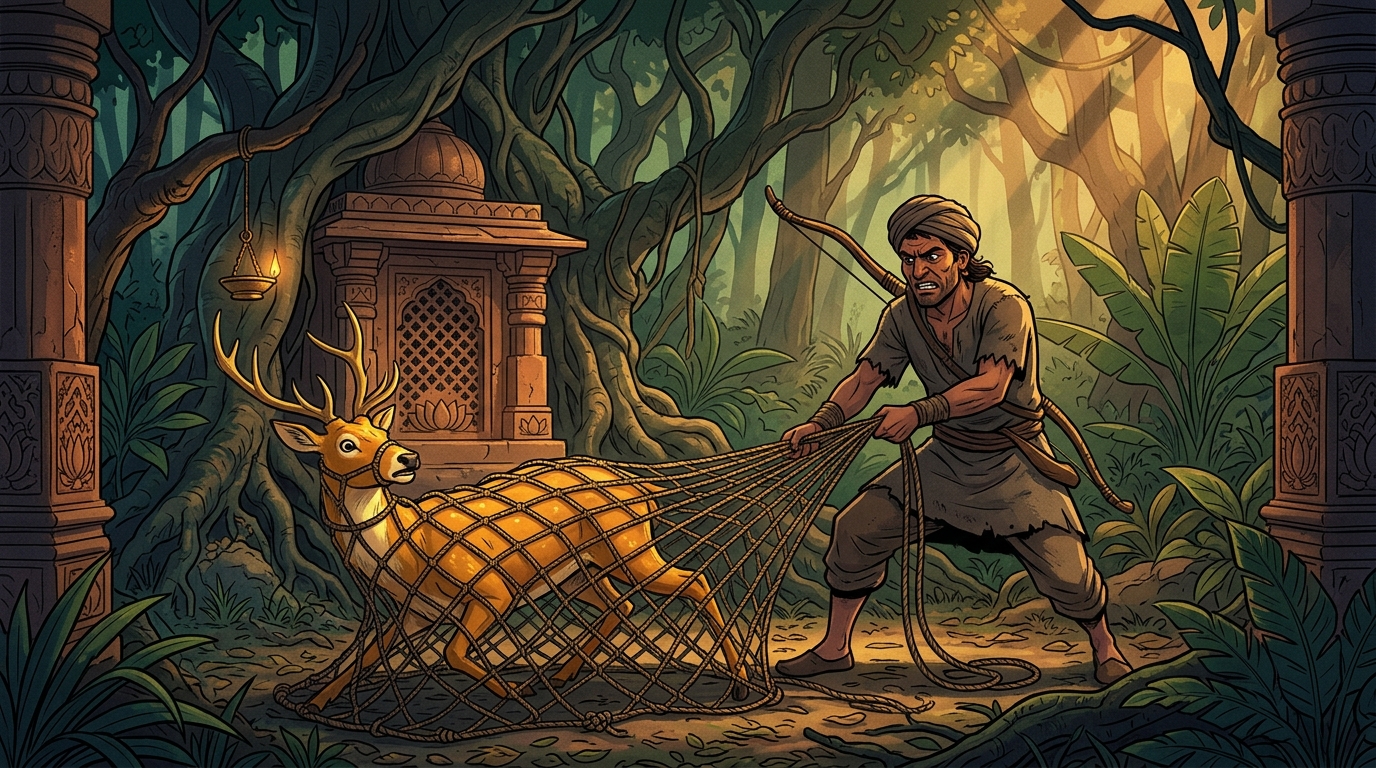 In dense Vindhya forest, hunter Lubdhaka traps a magnificent golden stag in a rope net