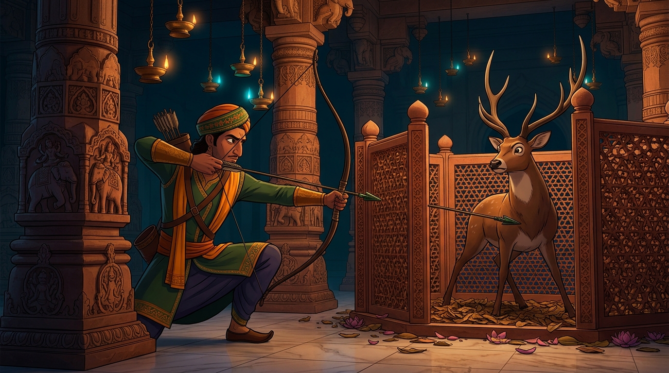 The hunter notches a poisoned arrow, aiming directly at the trapped stag's heart