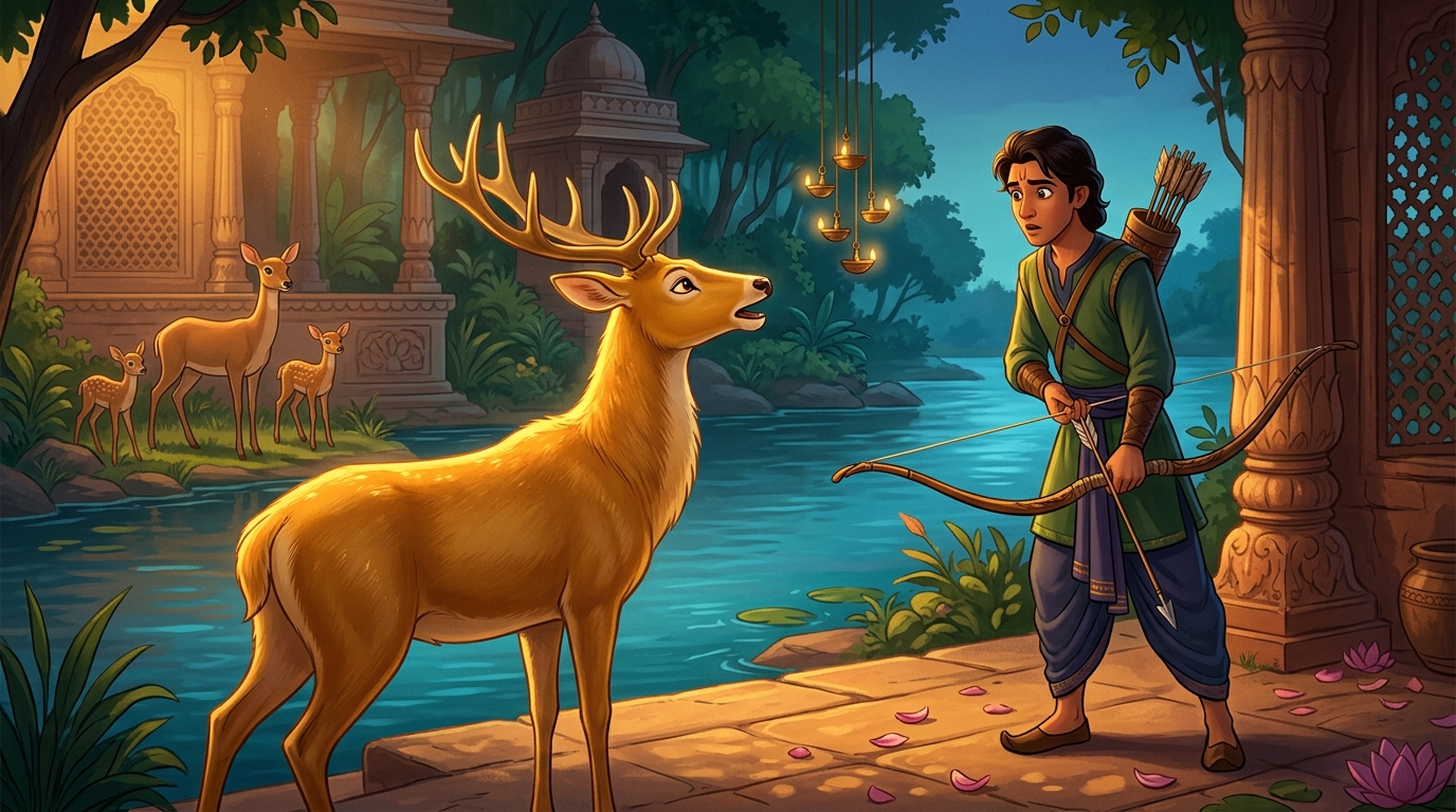 The stag speaks with human speech: 'Grant me one hour to lead my doe and fawns to pasture!'