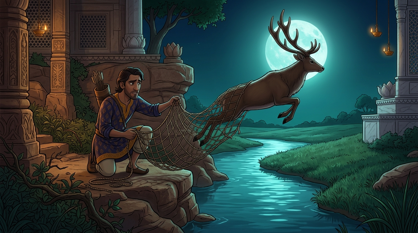 Cynical but curious, the hunter unties the net, letting the stag leap across the river
