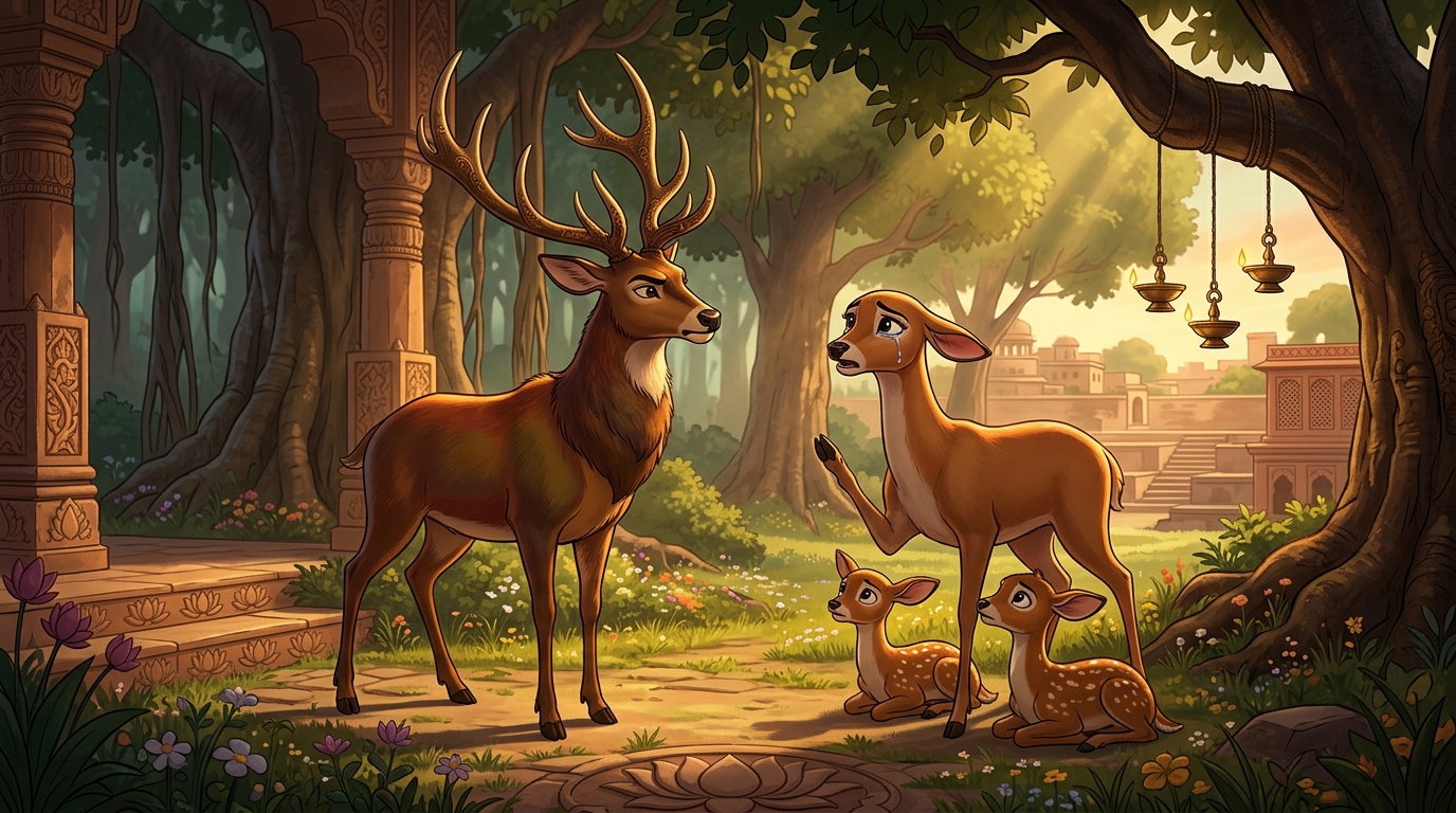 In the meadow, the stag tells his doe of his vow; the weeping doe insists on taking his place