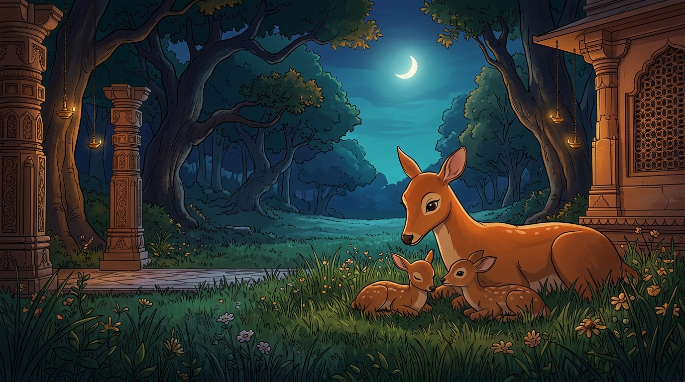 The doe looks tenderly upon her two young fawns in the tall grass before heading to the forest