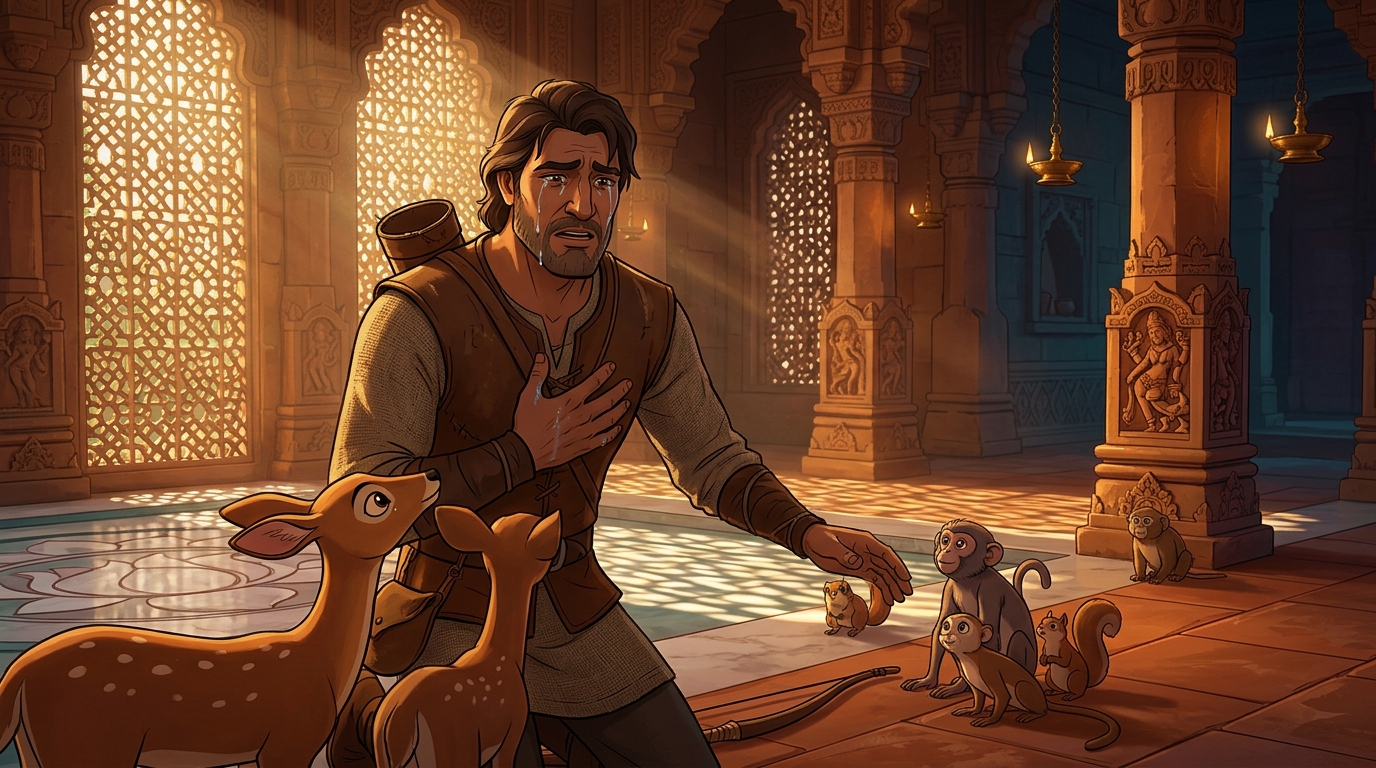 Overwhelmed by divine selfless love, the hunter's cruel heart melts completely in tears