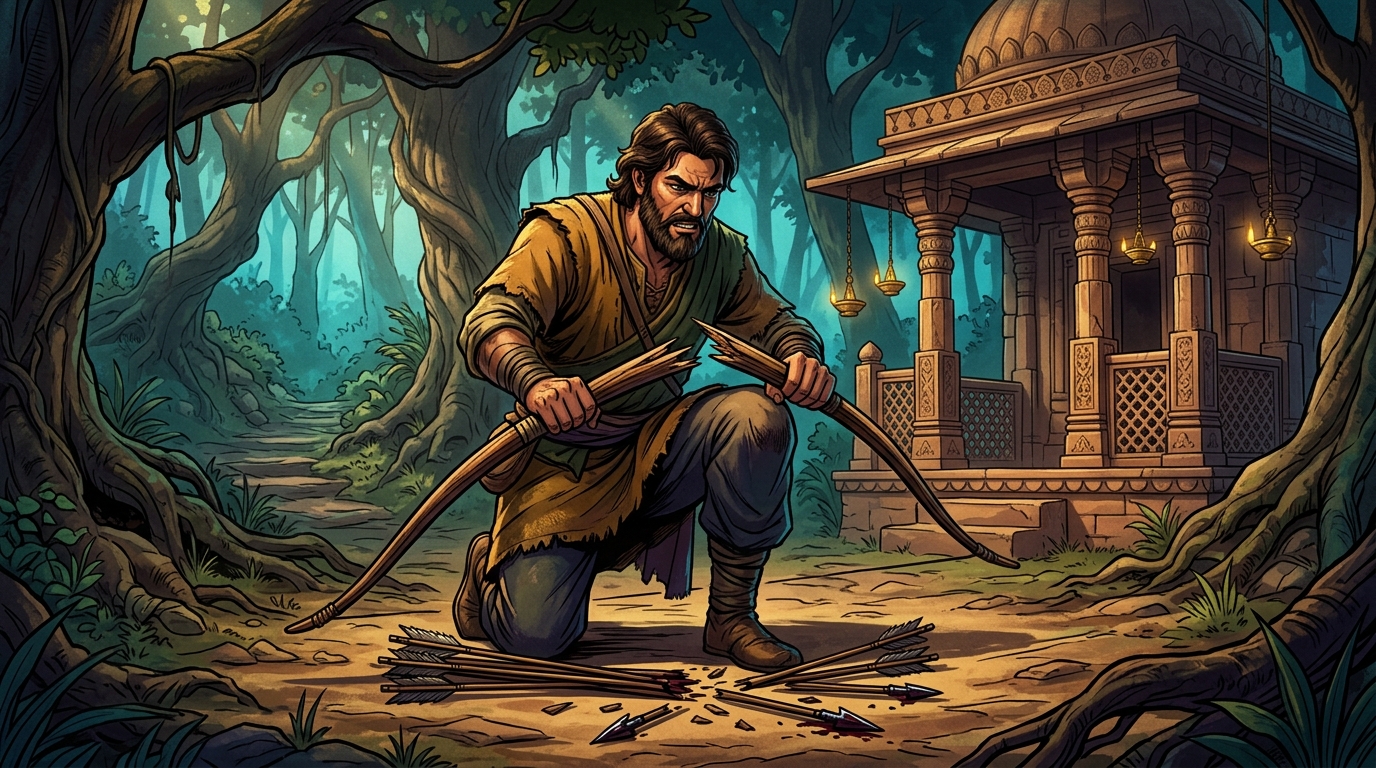 Hunter Lubdhaka snaps his wooden bow and breaks all poisoned arrows across his knee