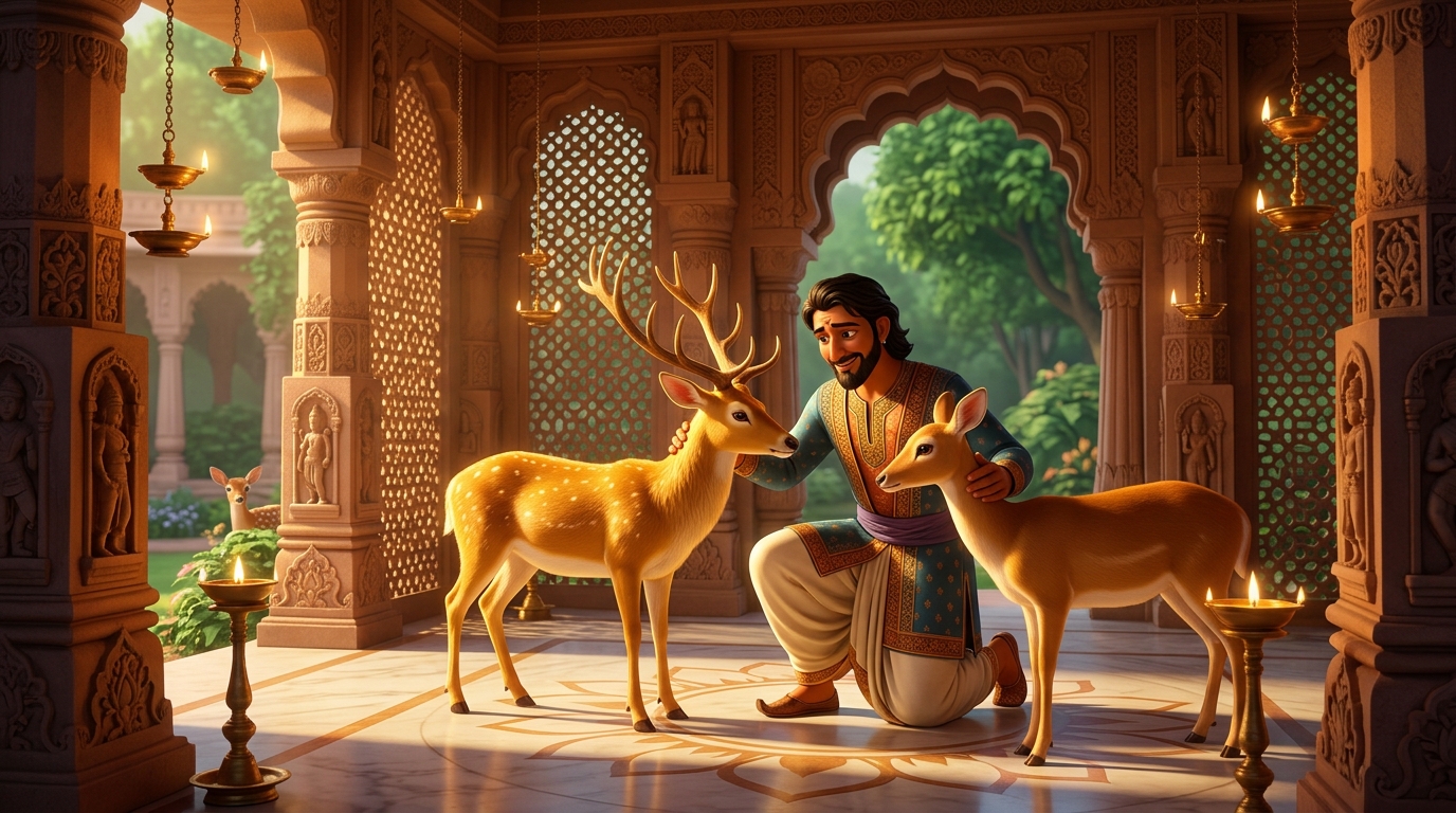 The hunter gently strokes the heads of the golden stag and doe, blessing them