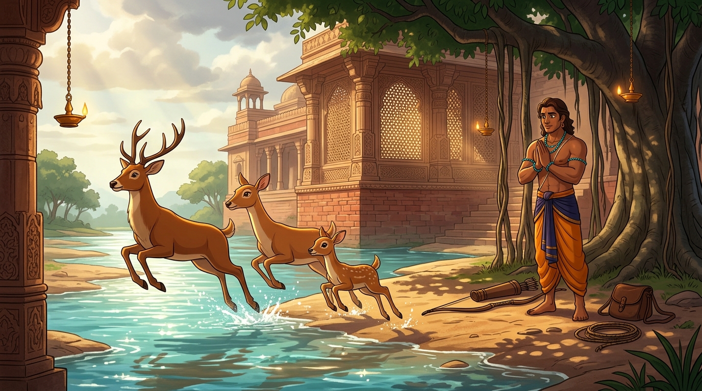 The family of deer leaps joyfully across the river meadow while Lubdhaka vows non-violence