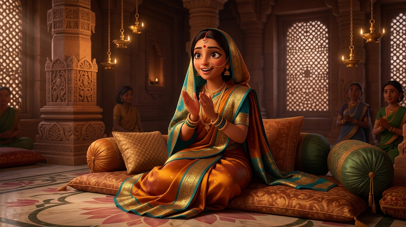 Prabhavati sitting on the silk cushions, clapping in wonder at the deer's devotion