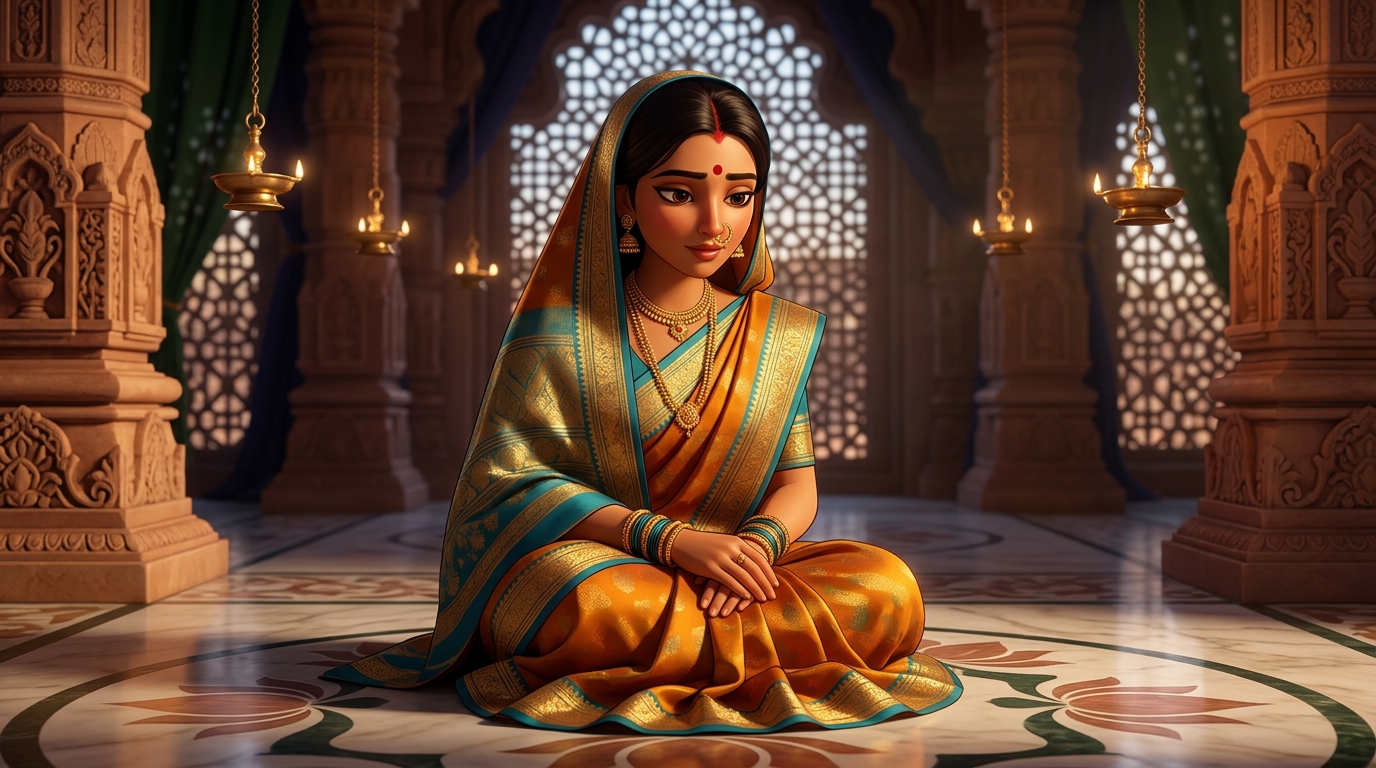 Prabhavati in deep contemplation, realizing pure devotion is an unshakeable shield