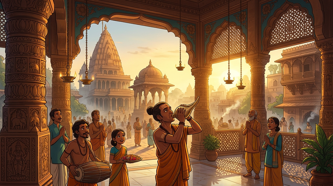 Golden dawn sunlight flooding across the sandstone arches as temple conches sound