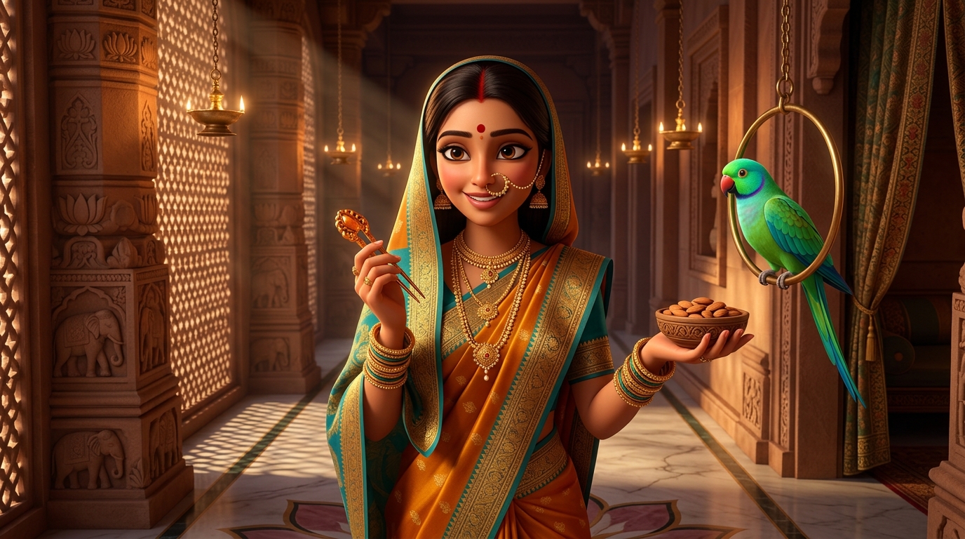 Prabhavati unclasps the amber hairpin, hands Shuka sweet almonds, retreats peacefully