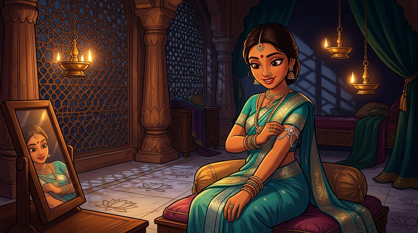 Prabhavati in turquoise-and-silver silk fastening the diamond armlet by candlelight
