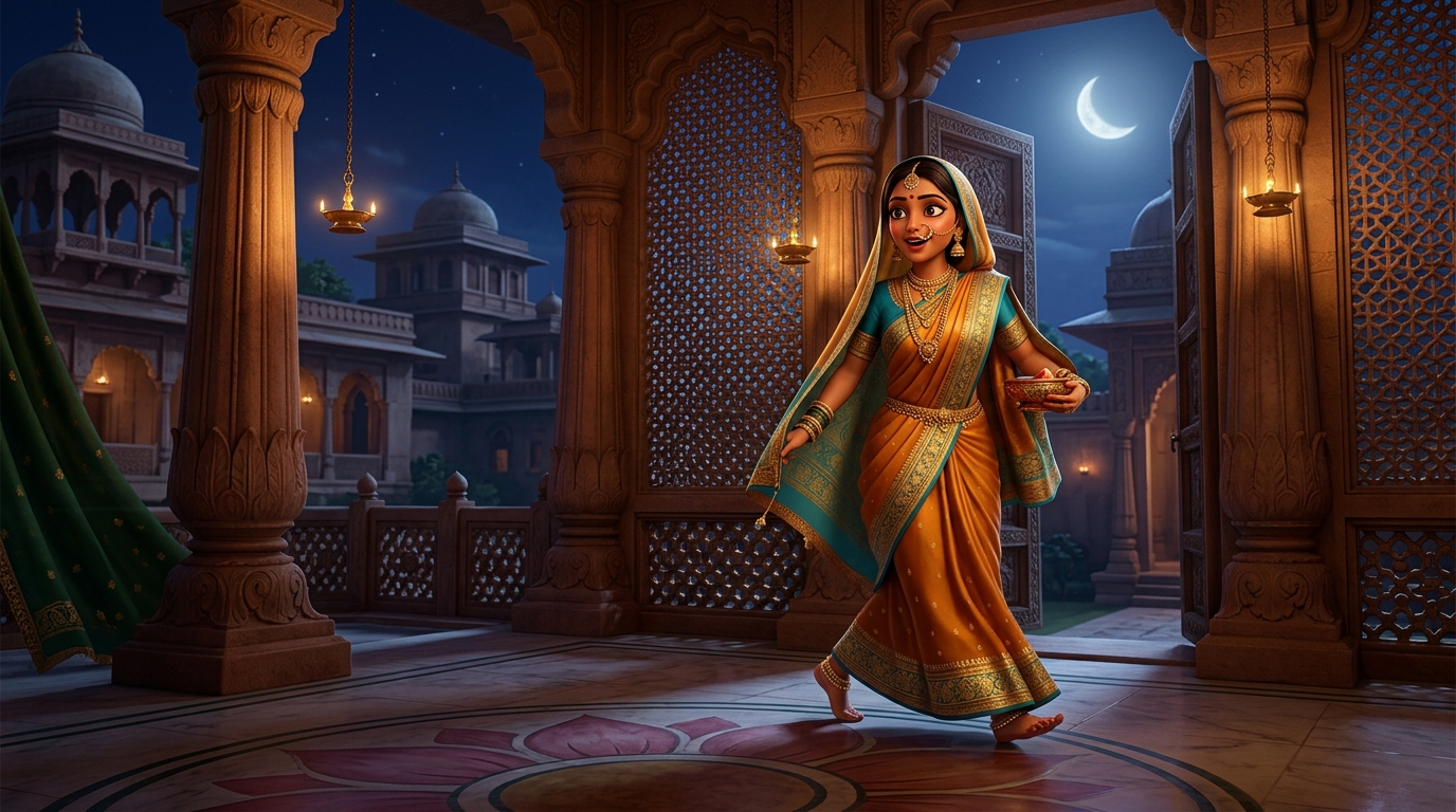 Prabhavati stepping toward the courtyard gate with swift, eager steps under the moonlit sky