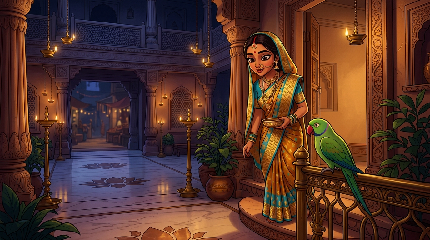 Prabhavati pausing on the doorstep with an amused smile
