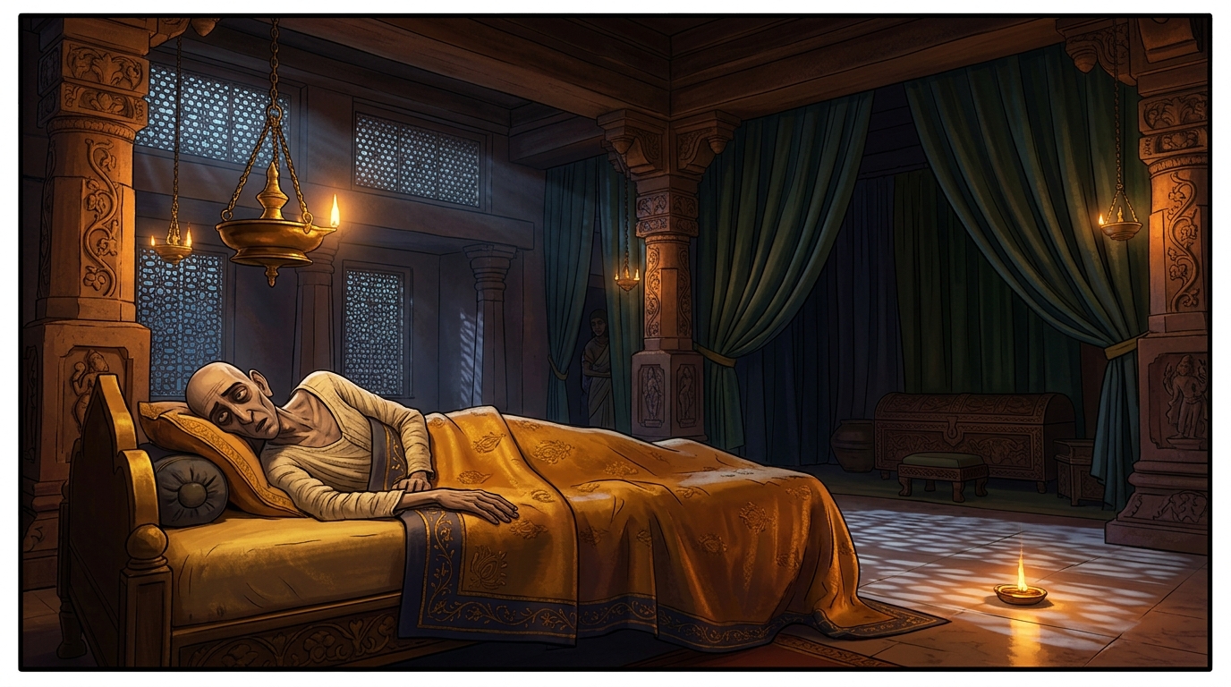 In dark palace bedchamber of Magadha, Emperor Chandrasena lying pale and emaciated on a golden bed