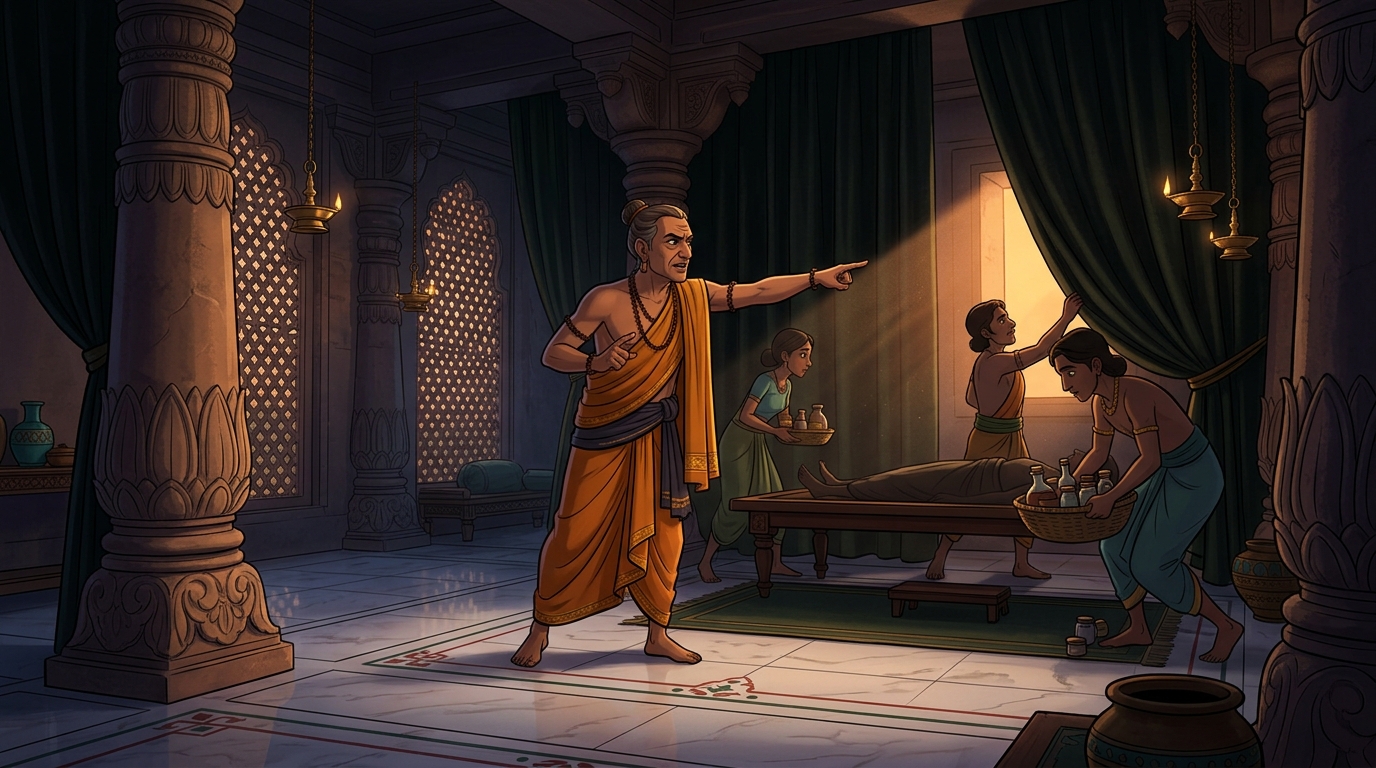 Vaidya Jivakacharya enters the room, ordering dark curtains opened and all medicine removed
