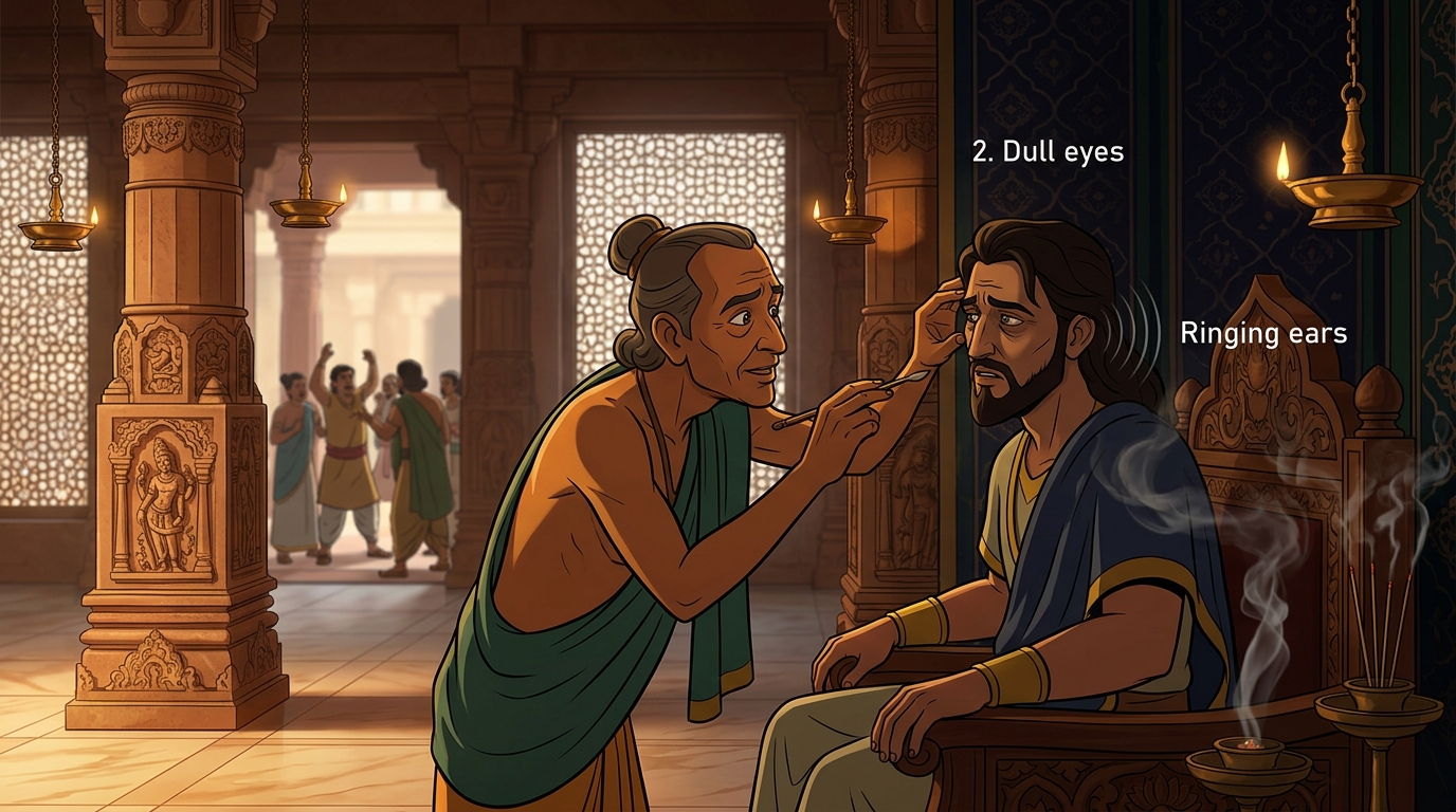 Jivakacharya examines the Emperor's five senses: dull eyes, ringing ears, and breath choked by incense