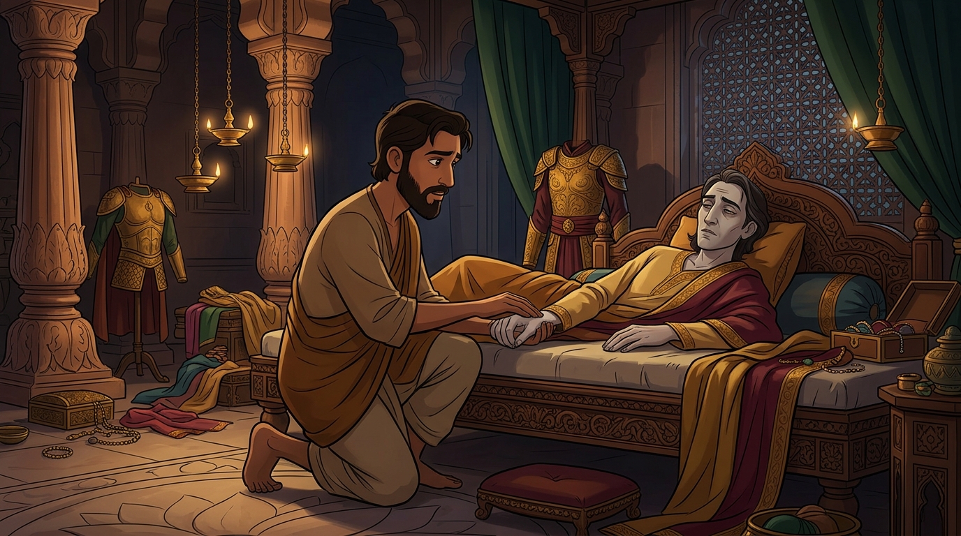 He touches the cold skin, diagnosing: 'The soul is suffocated by palace luxury and heavy armor!'
