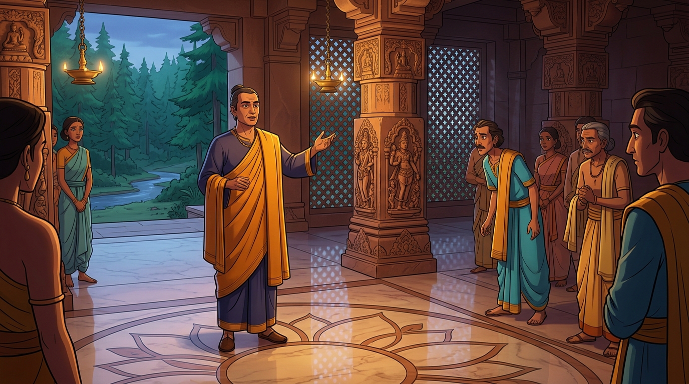Jivakacharya commands: 'Move the Emperor to an open wooden pavilion in the green pine forest!'
