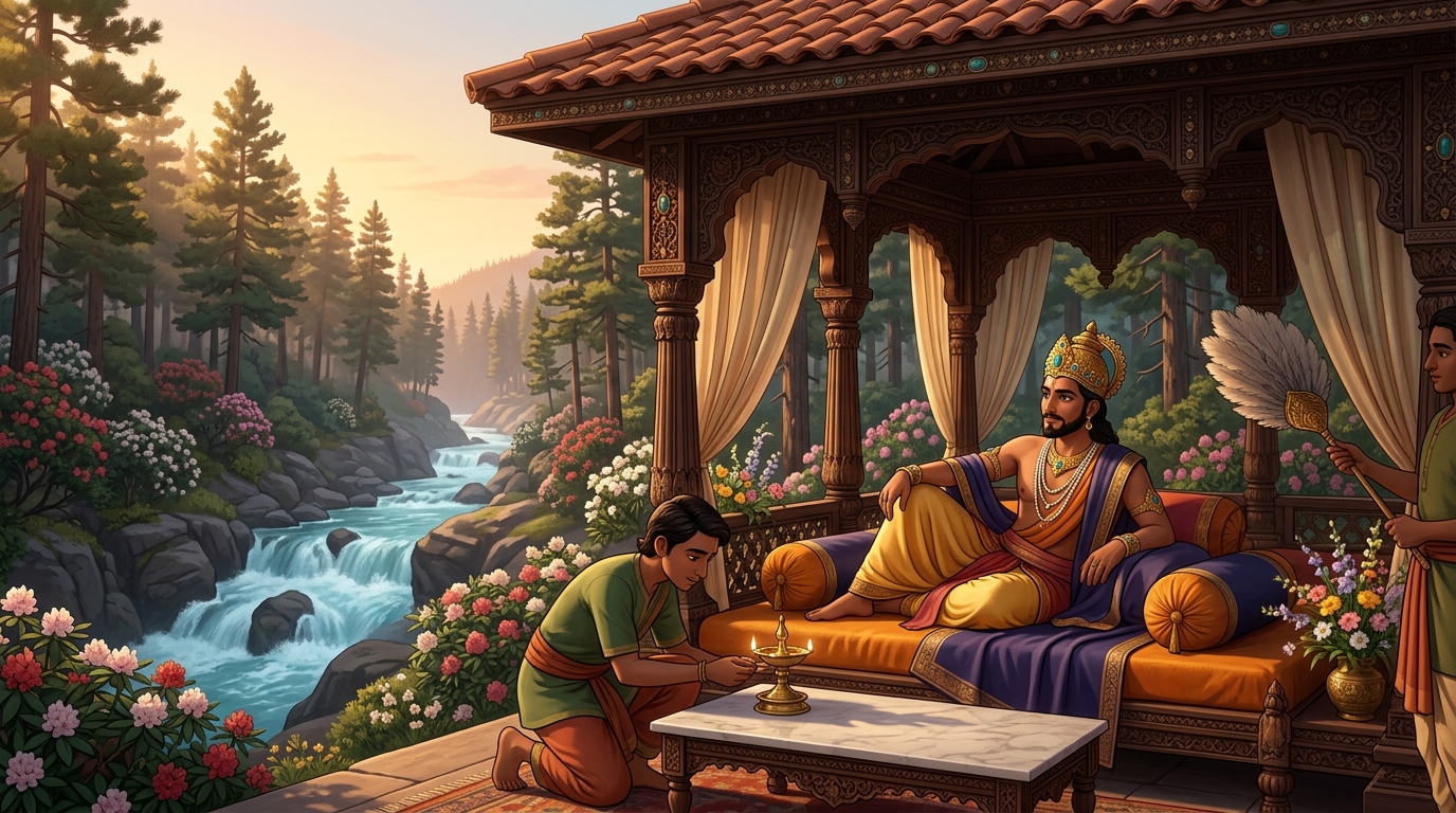 In fresh breezy pine forest, the Emperor rests in an open wooden pavilion by a rushing river