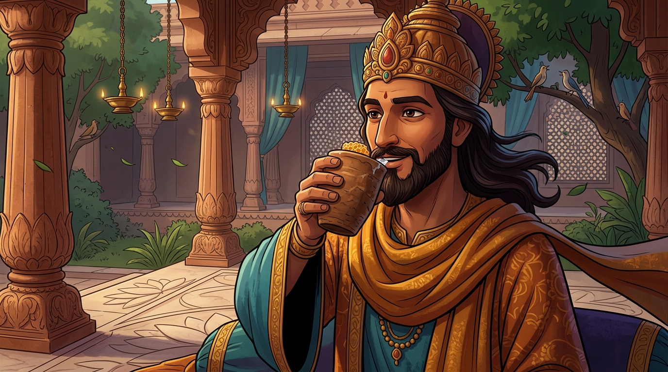 The Emperor drinks sweet pure spring water with wild honey from a clay cup, listening to birds